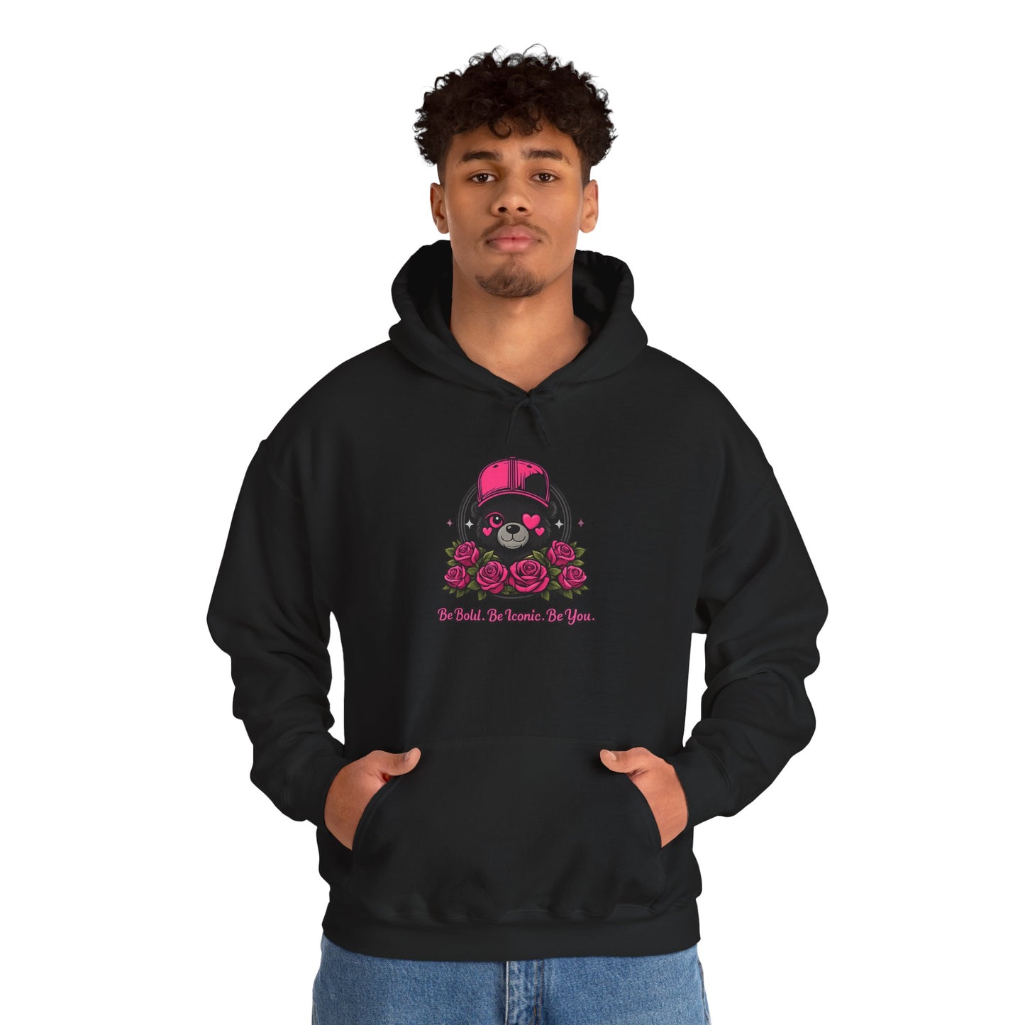 Hoodie — Cute Bear with Helmet & Roses “Ride Bold, Be Kind” Graphic