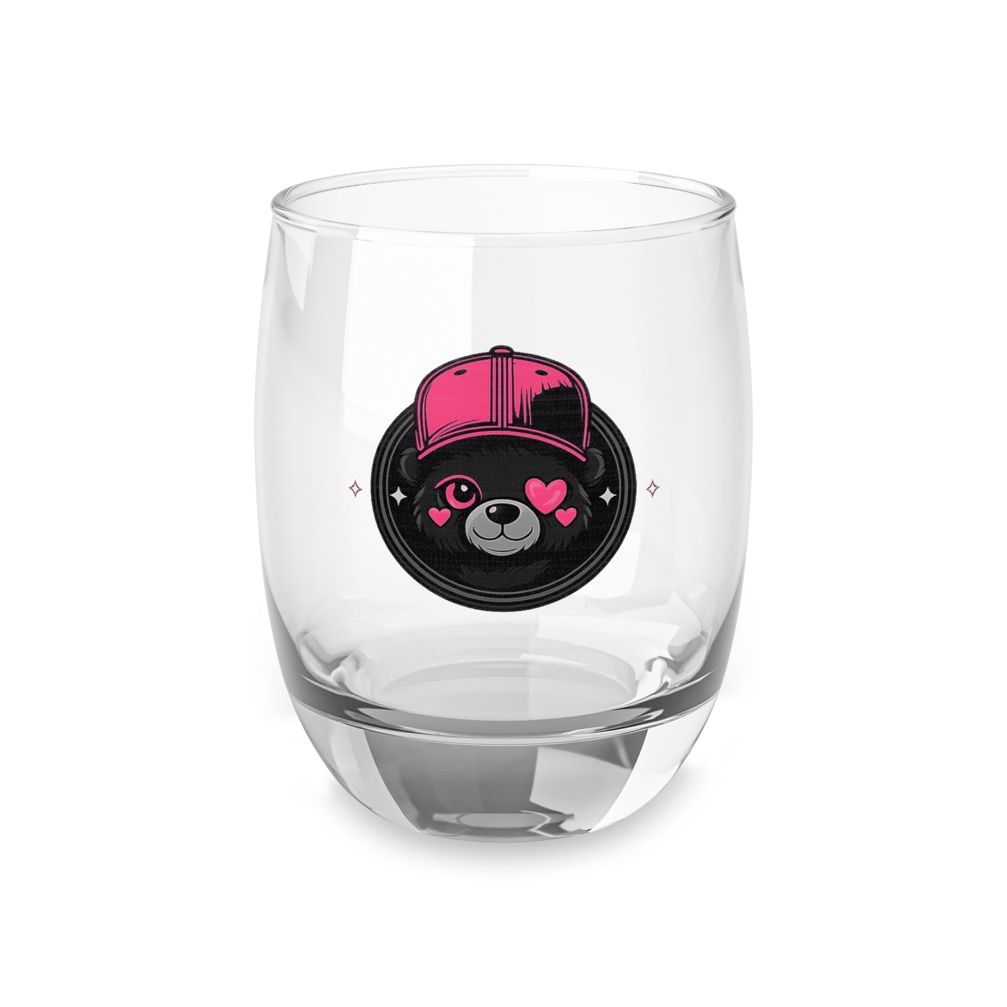 Cute Bear Face Whiskey Glass — Pink Cap & Heart Eye Stemless Rocks Glass