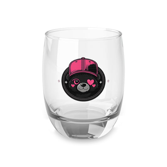 Cute Bear Face Whiskey Glass — Pink Cap & Heart Eye Stemless Rocks Glass