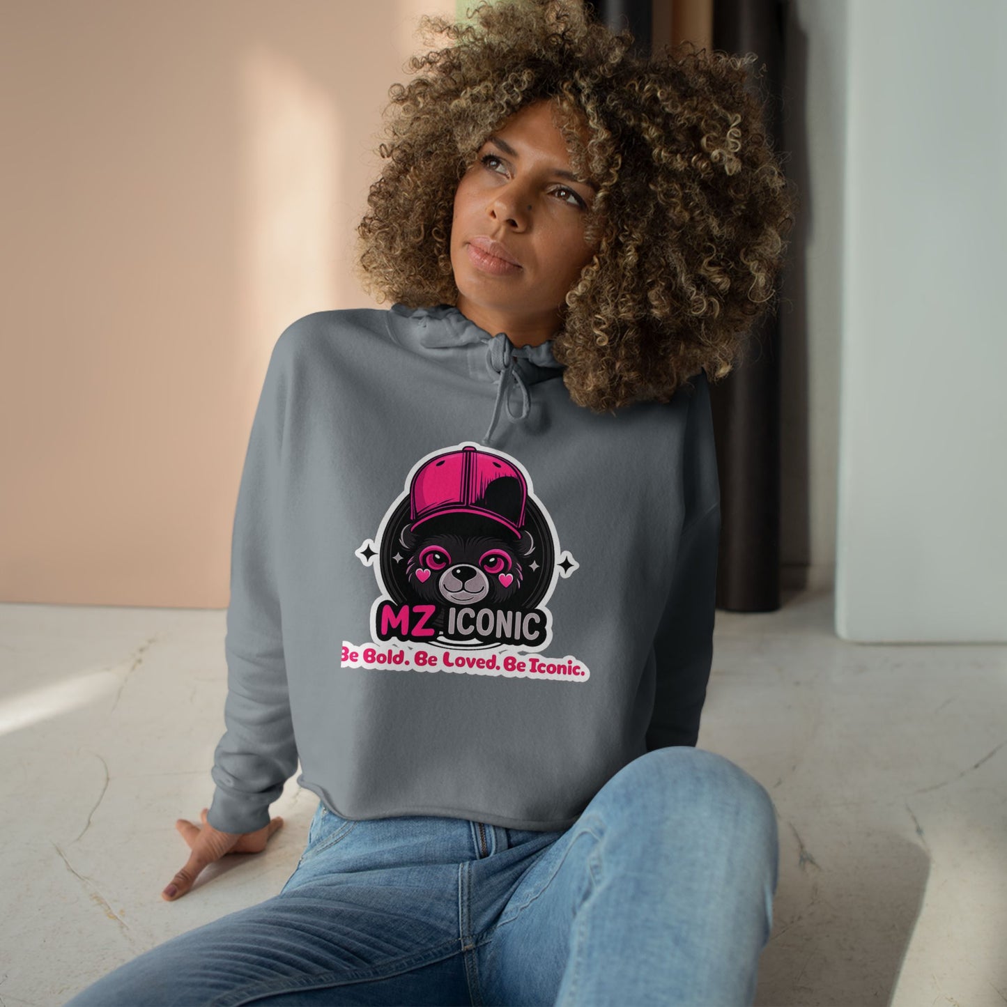 Crop Hoodie — "MZ Iconic" Cute Pink Bear Graphic Cropped Hoodie