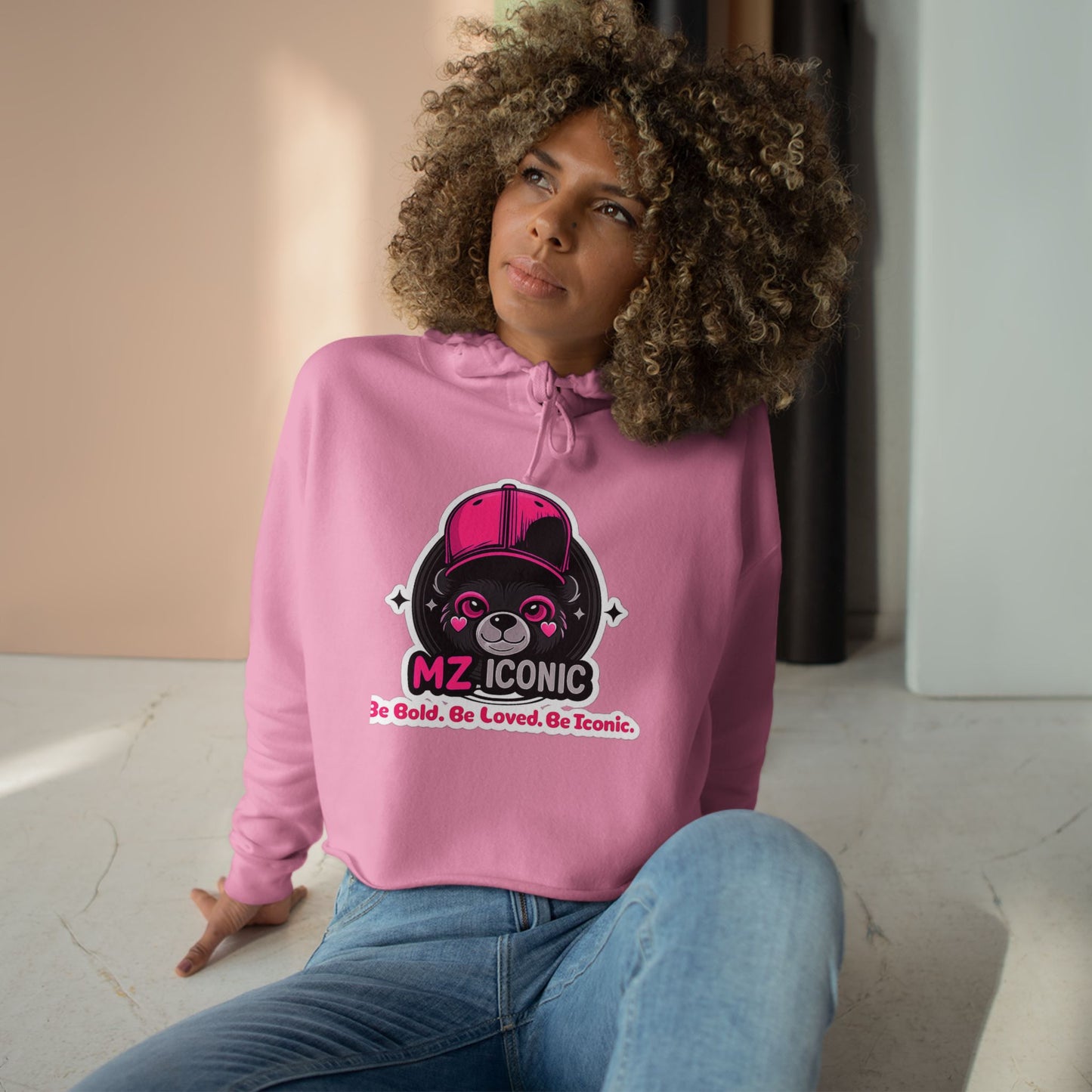 Crop Hoodie — "MZ Iconic" Cute Pink Bear Graphic Cropped Hoodie