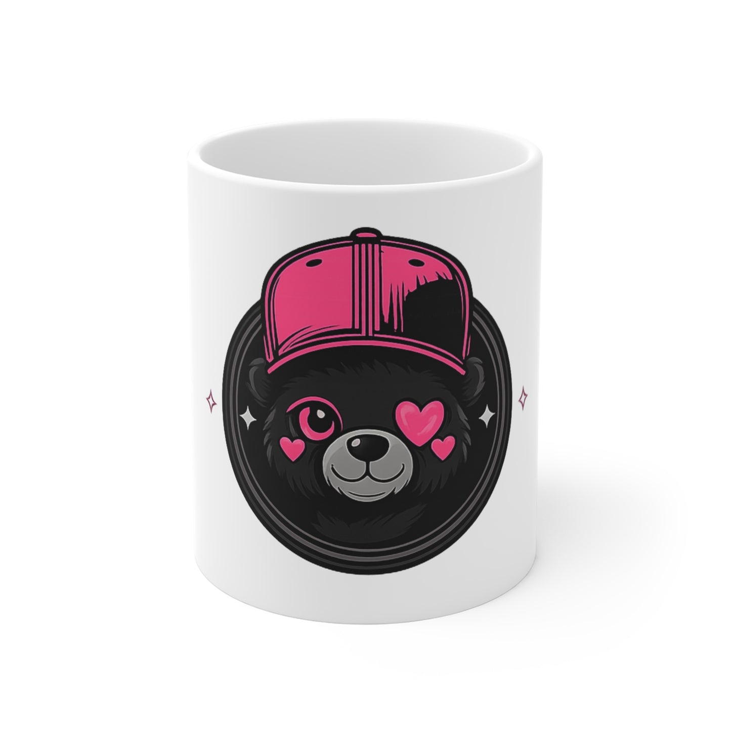 Cute Bear Face Mug - Pink Cap Heart Accent 11oz