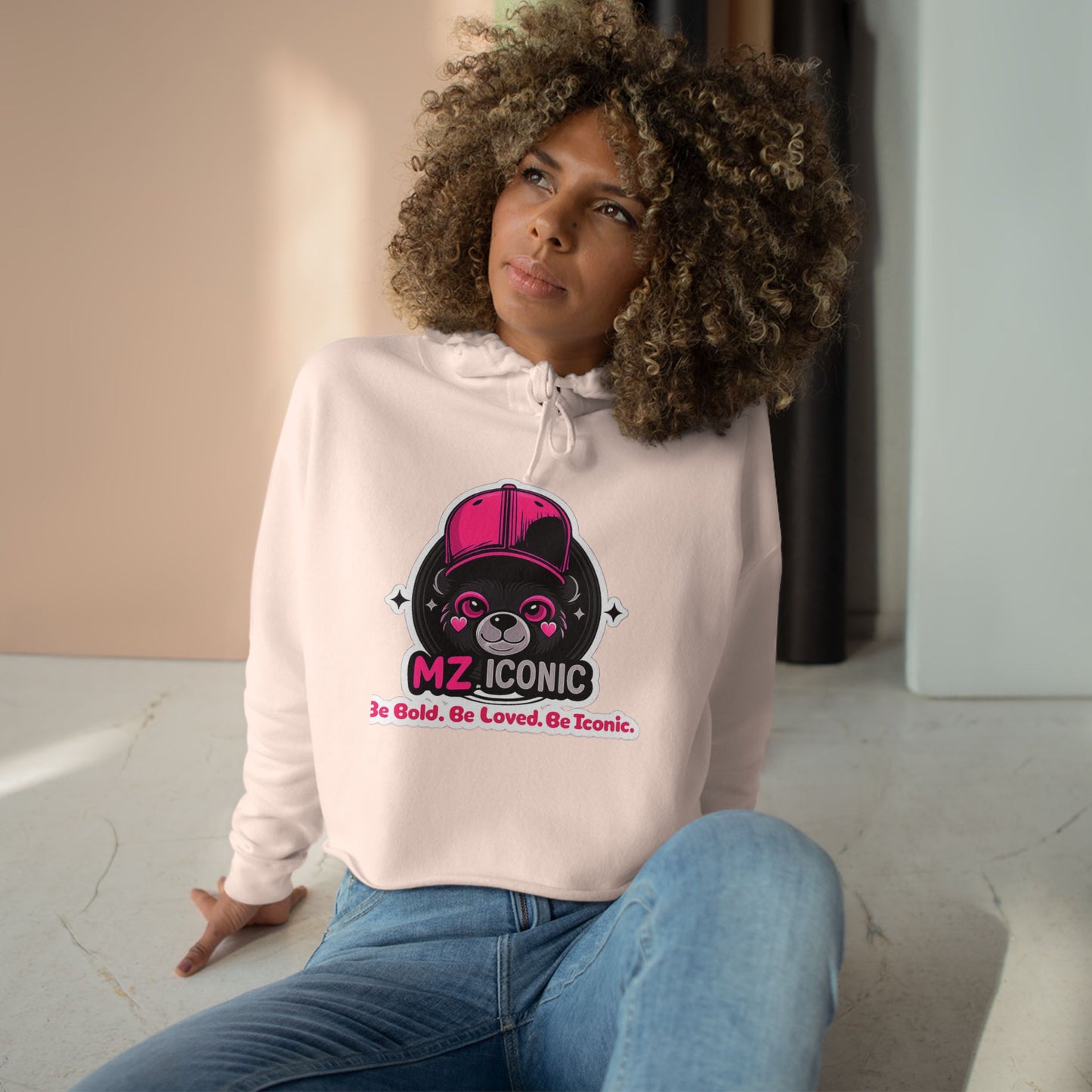 Crop Hoodie — "MZ Iconic" Cute Pink Bear Graphic Cropped Hoodie