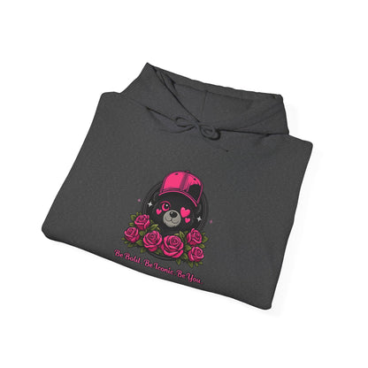 Hoodie — Cute Bear with Helmet & Roses “Ride Bold, Be Kind” Graphic