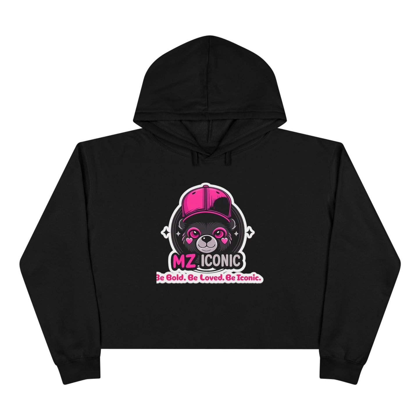 Crop Hoodie — "MZ Iconic" Cute Pink Bear Graphic Cropped Hoodie